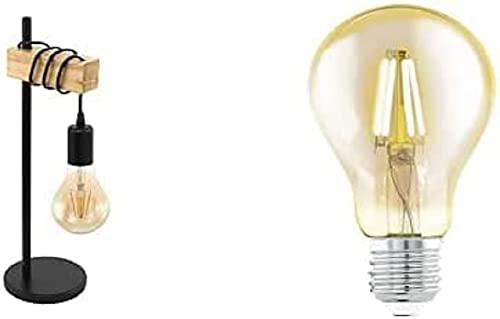 EGLO Tischlampe Townshend, Vintage Tischleuchte im Industrial Design inkl. LED Leuchtmittel, Retro Lampe, Nachttischlampe aus Stahl und Holz, Schwarz, braun, inkl. Schalter von EGLO
