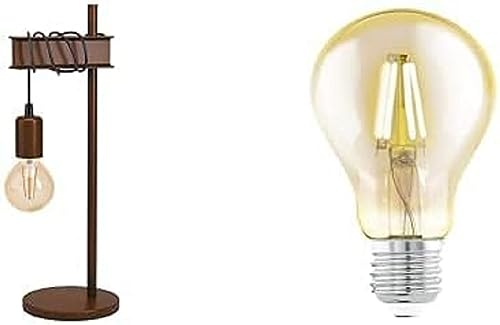 EGLO Tischlampe Townshend 4, Tischleuchte vintage inkl. LED Leuchtmittel, Industrial Nachttischlampe aus Metall, Wohnzimmerlampe in Antik-Braun, Lampe mit Schalter, E27 Fassung von EGLO