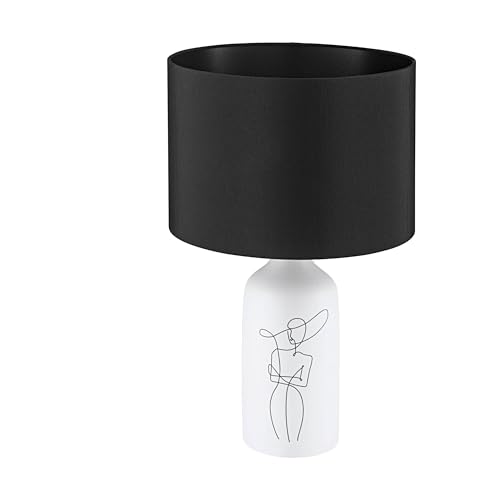 EGLO Tischlampe Vinoza, Nachttischlampe mit Lampenschirm, Tischleuchte aus Keramik in Weiß mit Motiv und Textil in Schwarz, Deko Schlafzimmer, Wohnzimmer Tisch Lampe, E27 Fassung von EGLO