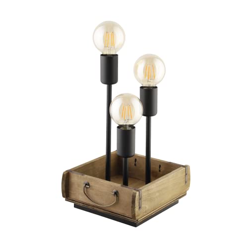 EGLO Tischlampe Wootton, 3 flammige Tischleuchte vintage, Nachttischlampe aus Holz in Braun und Metall in Schwarz, Wohnzimmerlampe, Lampe mit Schalter, E27 von EGLO