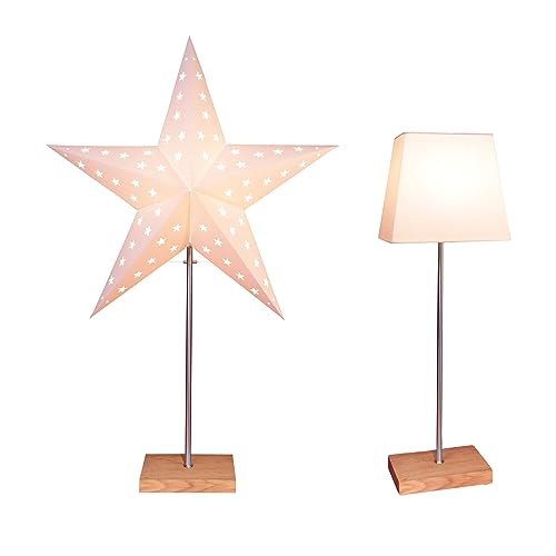 EGLO Tischlampe mit Wechselschirm, 3D Papierstern Weihnachten oder eckiger Lampenschirm in Weiß mit Fuß aus Holz und Metall, Dekostern Tischleuchte mit Kabelschalter, E14, Höhe 65 cm von EGLO