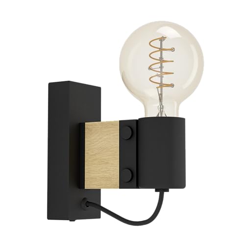 EGLO Wandlampe Bailrigg, rechteckige Wandleuchte für innen, FSC100HB, Flurlampe aus Holz in Natur und Metall in Schwarz, Lampe Wand mit E27 Fassung von EGLO