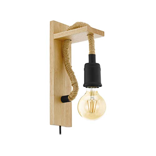 EGLO Wandlampe Rampside, 1 flammige Vintage Wandleuchte im Industrial Design, Wandspot aus Stahl und Holz, Farbe: Schwarz, braun, Fassung: E27, inkl. Kabelschalter von EGLO