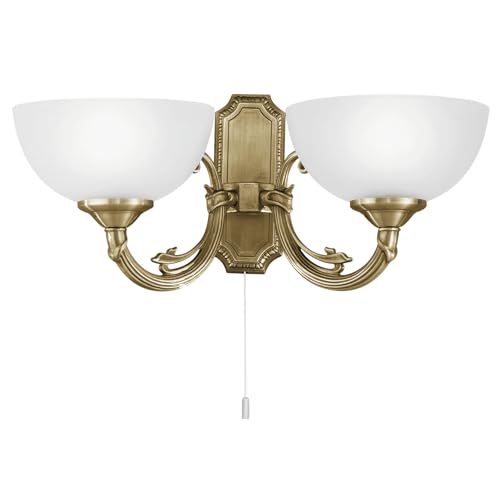 EGLO Wandlampe Savoy, 2 flammige Wandleuchte Vintage, Rustikal, Wandleuchte innen aus Metallguss, satiniertem Glas, Wohnzimmerlampe, Flurlampe in Brüniert, Weiß, Lampe mit Zug-Schalter, E14 Fassung von EGLO