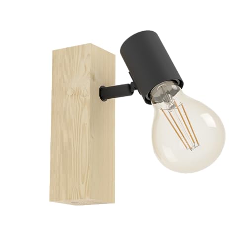 EGLO Wandlampe Townshend 3, Vintage Wandleuchte im Industrial Design, Retro Lampe aus Stahl und Holz, Farbe Schwarz, braun, Fassung E27, FSC zertifiziert von EGLO