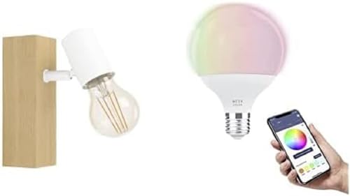 EGLO Wandlampe Townshend 3, Vintage Wandleuchte im Industrial Design inkl. E27 Smart Home connect.z RGB Leuchtmittel, dimmbare Lampe aus Stahl und Holz, weiß, braun von EGLO