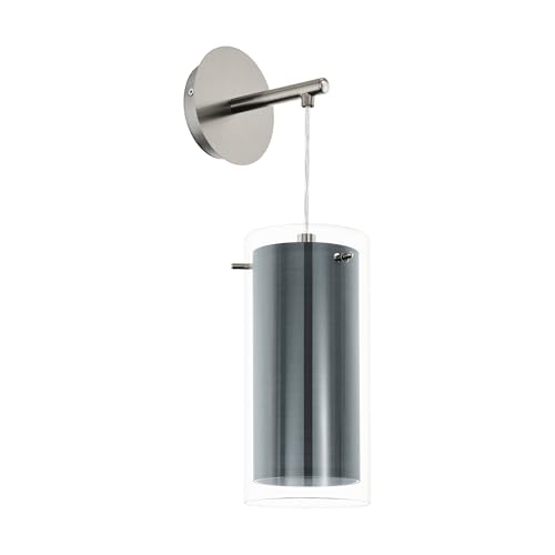 EGLO Wandleuchte Pinto Textil, Wandlampe für innen, Wandbeleuchtung aus Metall in Nickel-Matt, transparentem Glas und grauem Stoff, Wohnzimmerlampe, Flur-Lampe mit E27 Sockel von EGLO