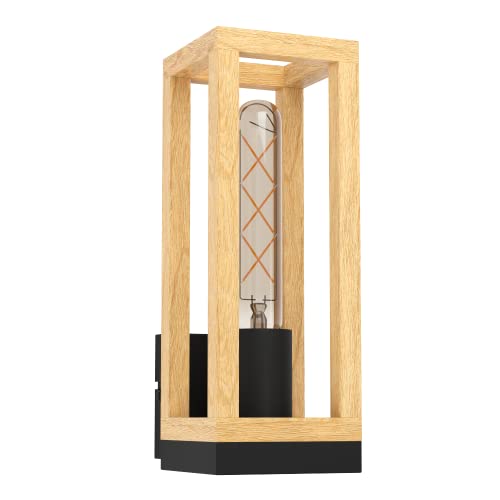 EGLO Wandleuchte innen Nafferton, Wandlampe für Flur und Wohnzimmer, FSCM70HB, Wandbeleuchtung aus Metall in Schwarz und Holz in Natur, Wand-Lampe mit E27 Fassung von EGLO