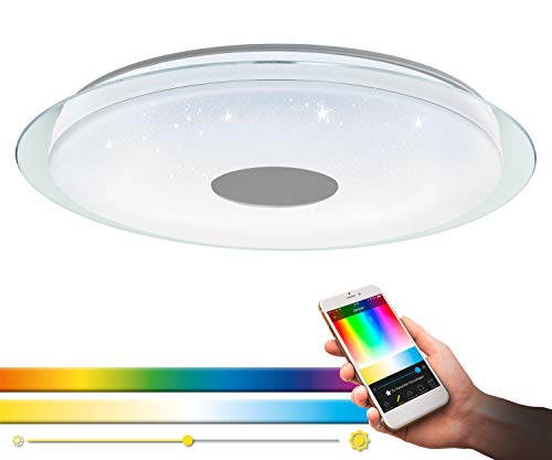 EGLO connect LED Deckenleuchte Lanciano-C, 1 flammige Wandlampe mit Kristall-Effekt, Stahl, Kunststoff, Weiß, Tansparent, Chrom, Fernbedienung, Farbtemperaturwechsel (warm–kalt), RGB, dimmbar, Ø 77 cm von EGLO