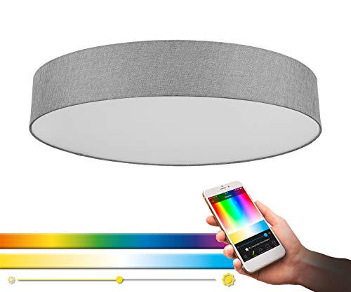 EGLO connect LED Deckenleuchte Romao-C, 1 flammige Deckenlampe aus Stahl, Textil und Kunststoff in Weiß, Grau, mit Fernbedienung, Farbtemperaturwechsel (warm, neutral, kalt), RGB, dimmbar, Ø 76 cm von EGLO