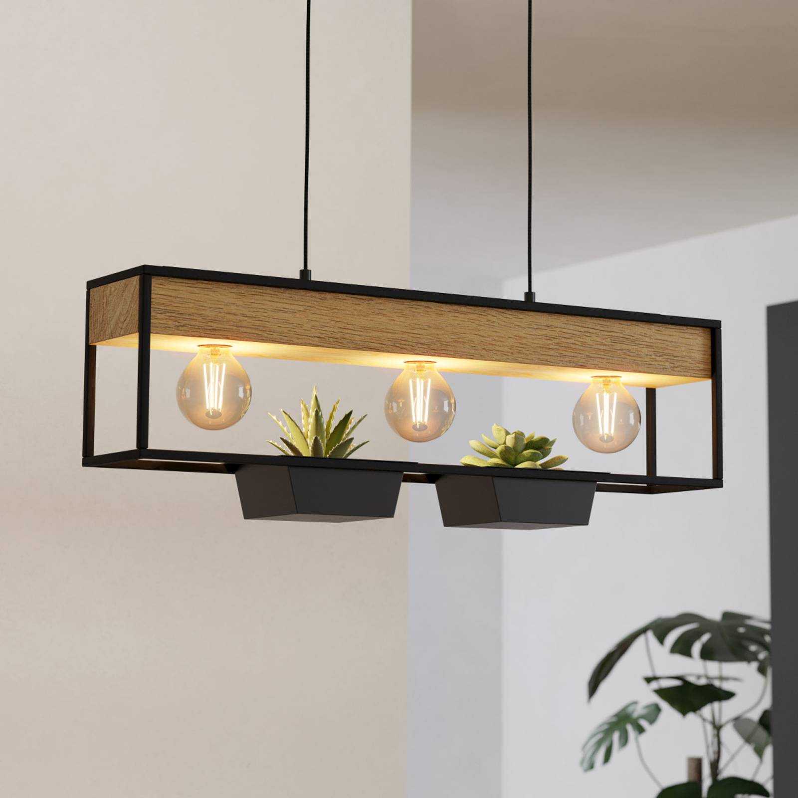Hängelampe Libertad 1, Länge 76 cm, schwarz/holz, 3-flg. von EGLO