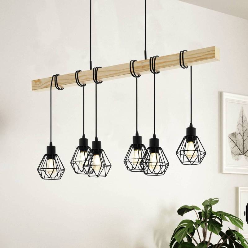Hängeleuchte Townshend, Länge 100 cm, schwarz/eiche, 6-flg. von EGLO