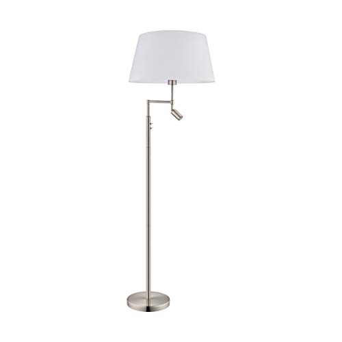 EGLO LED Stehlampe Santander, 2 flammige Stehleuchte aus Metall, Textil, Wohnzimmerlampe in Nickel-Matt, Weiß, Deckenfluter mit Leselampe, Lampe mit Schalter, E27 Fassung von EGLO