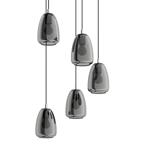 EGLO Hängelampe Alobrase, 5-flammige Cluster Pendelleuchte Esstisch, Hängeleuchte aus Metall in chrom und bedampften Glas in schwarz-transparent, Esszimmerlampe hängend, E27 Fassung, Ø 54 cm von EGLO