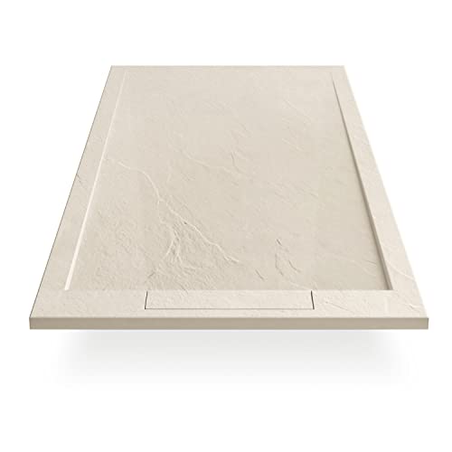 EGO INTERIORS Premium Design Duschwanne 140 x 70 cm Naturstein-optik, Farbe Creme, Flache Duschtasse aus Mineralguss, Rutschfeste Struktur, Superflach, Rechteckiges Duschbecken von EGO INTERIORS