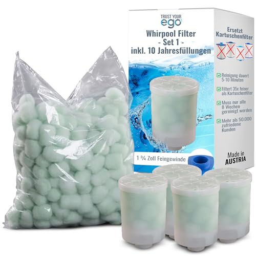 EGO3 Whirlpool Filter Set 1 1/2 Zoll Feingewinde + 10 Jahresfüllungen – ersetzt Kartuschenfilter & Whirlpool Filterkartuschen – 300gr Filterbälle – Filter Made in EU (4 Behälter + 300g Filterbälle) von EGO3