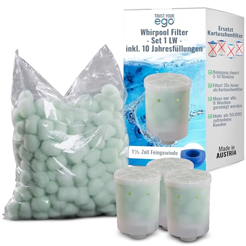 EGO³ Whirlpool Filter Set 1 LW 1½ Zoll Feingewinde + 10 Jahresfüllungen – ersetzt Kartuschenfilter & Whirlpool Filterkartuschen – 300gr Filterbälle – Filter Made in EU (1 Behälter + 300g Filterbälle) von EGO3