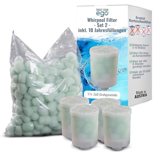 EGO³ Whirlpool Filter Set 2 1½ Zoll Grobgewinde + 10 Jahresfüllungen – ersetzt Kartuschenfilter & Whirlpool Filterkartuschen – 300gr Filterbälle – Filter Made in EU (4 Behälter + 300g Filterbälle) von EGO3