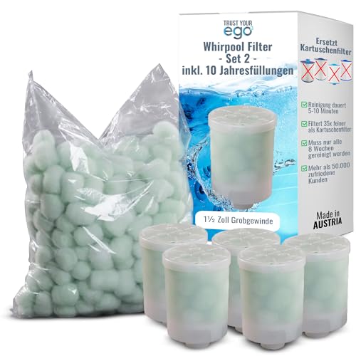 EGO³ Whirlpool Filter Set 2 1½ Zoll Grobgewinde + 10 Jahresfüllungen – ersetzt Kartuschenfilter & Whirlpool Filterkartuschen – 300gr Filterbälle – Filter Made in EU (5 Behälter + 300g Filterbälle) von EGO3