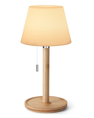 Akku Aufladbar Tischlampe für Draussen Wasserdicht, Kleine Tragbare Kabellose Tischleuchte mit Zugschalter 3 Beleuchtung Dim, Nachtlampe für Badezimmer Dusche Patio Restaurant Wohnzimmer, Holzfuß von EGOBASIC