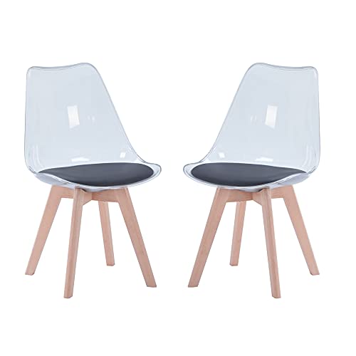 EGOONM 2er Set Esszimmerstühle, Transparent Stühle Skandinavisch Massivholz Esszimmerstuhl Wohnzimmerstuhl mit Sitzkissen und Buchen Holzbeine (Schwarz/PU-Leder) von EGOONM