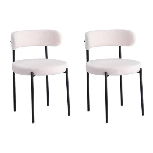 EGOONM 2er Set Mid Century Modern Esszimmerstühle (Teddy-Stoff), Gepolsterte Küchenstühle mit Schwarzen Metallbeinen für Esszimmer, Wohnzimmer, Schlafzimmer, etc. (Weiß) von EGOONM
