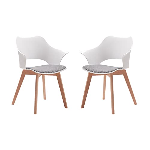 EGOONM 2er Set Moderne Kunststoff-Esszimmerstühle mit massiven Holzbeinen und Stoffpolsterung, Gebogene Rückenlehne Esszimmerstühle mit Armlehne (Weiß) von EGOONM