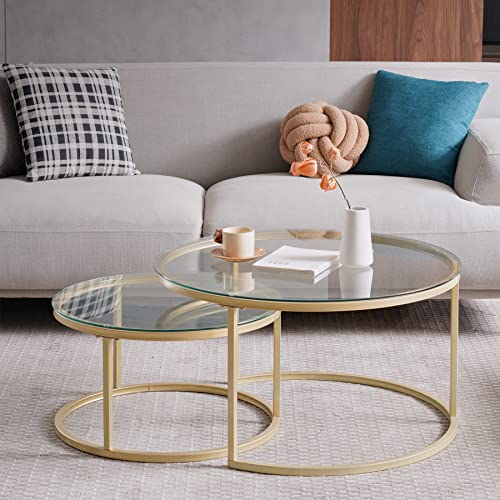EGOONM 2er Set Rund Couchtisch, Runder Moderner Glastisch mit Goldem Metallrahmen (60 * 60 * 45cm+40 * 40 * 35cm) von EGOONM