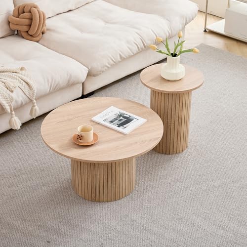 EGOONM 2er-Set Runder Couchtische für Zuhause und das Büro; Moderner Beistelltisch fürs Wohnzimmer mit Sockel aus Holzlatten (Natur/Holzmaserung) von EGOONM
