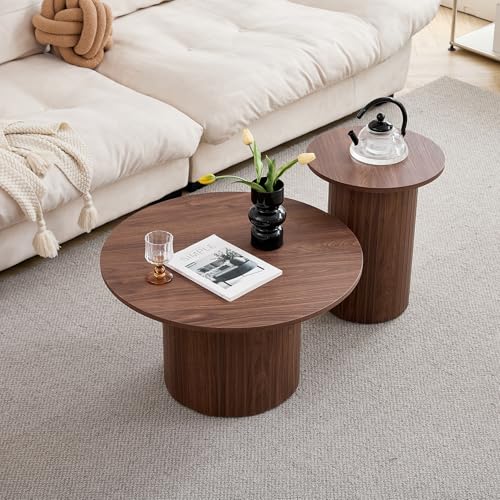 EGOONM 2er-Set Runder Couchtische für Zuhause und das Büro; Moderner Beistelltisch fürs Wohnzimmer mit Sockel aus Holzlatten (Walnuss/Holzmaserung) von EGOONM