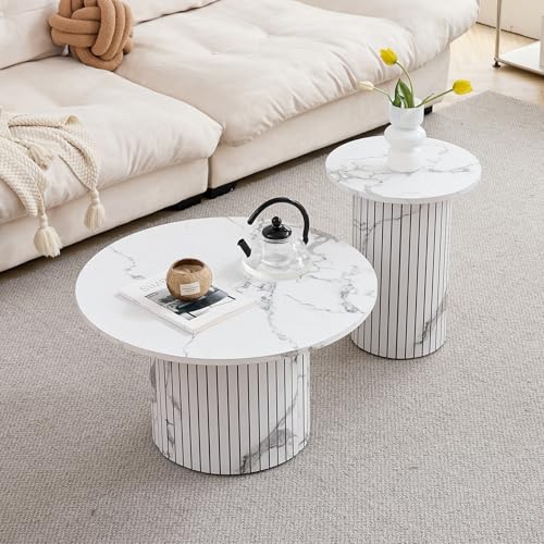 EGOONM 2er-Set Runder Couchtische für Zuhause und das Büro; Moderner Beistelltisch fürs Wohnzimmer mit Sockel aus Holzlatten (Weiß/Marmormaserung) von EGOONM