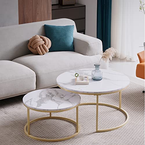 EGOONM 2er Set Satztische Fürs Wohnzimmer, Kaffeetische,Wohnzimmertische - Wohnzimmertisch Rund, MDF (Weiß + Gold), 60 * 60 * 45 cm (groß) + 40 * 40 * 35 cm(klein) von EGOONM