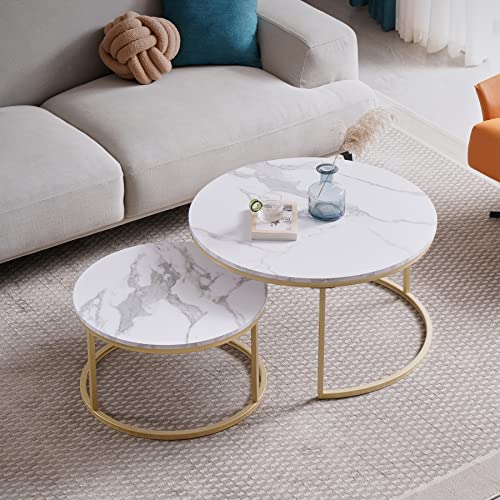 EGOONM 2er Set Satztische Fürs Wohnzimmer, Kaffeetische,Wohnzimmertische - Wohnzimmertisch Rund, MDF (Weiß + Gold), 80 * 80 * 45 cm (groß) + 60 * 60 * 35 cm (klein) von EGOONM