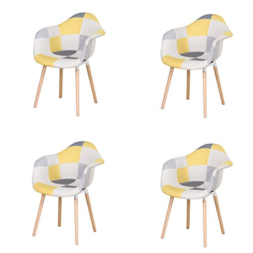 EGOONM 4er Set Patchwork Stuhl mit Armlehne,Leinenstoff Freizeit Wohnzimmer Esszimmerstuhl Empfangsstühle, Küchenstuhl (Gelb) von EGOONM