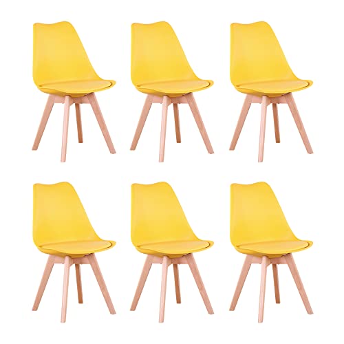 EGOONM 6er Set Esszimmerstühle, Skandinavisch, Retro-Design, Gepolstert, für Küche, Büro, mit Beinen aus Massivem Buchenholz (Gelb) von EGOONM