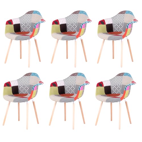 EGOONM 6er Set Patchwork Stuhl mit Armlehne,Leinenstoff Freizeit Wohnzimmer Esszimmerstuhl Empfangsstühle, Küchenstuhl (rot) von EGOONM