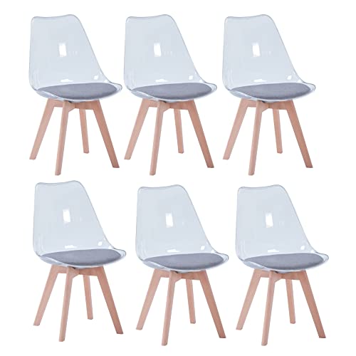 EGOONM 6er Set Transparente Esszimmerstühle mit Sitzkissen aus Leinen (Grau) von EGOONM