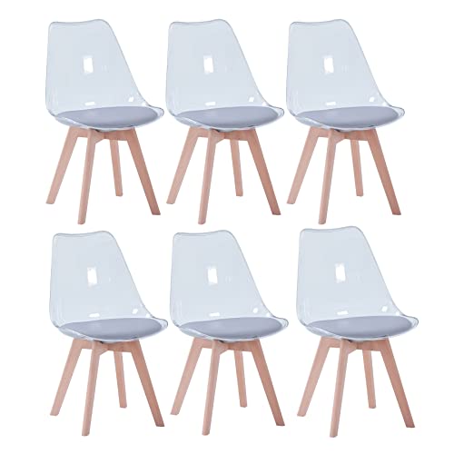 EGOONM 6er Set Transparente Esszimmerstühle mit Sitzkissen aus PU-Leder (Grau) von EGOONM