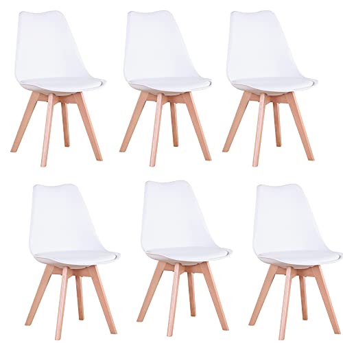 EGOONM 6er Set stühle Esszimmerstühle mit Massivholz Buche Bein, Retro Design Gepolsterter Stuhl Küchenstuhl Holz, Weiß von EGOONM