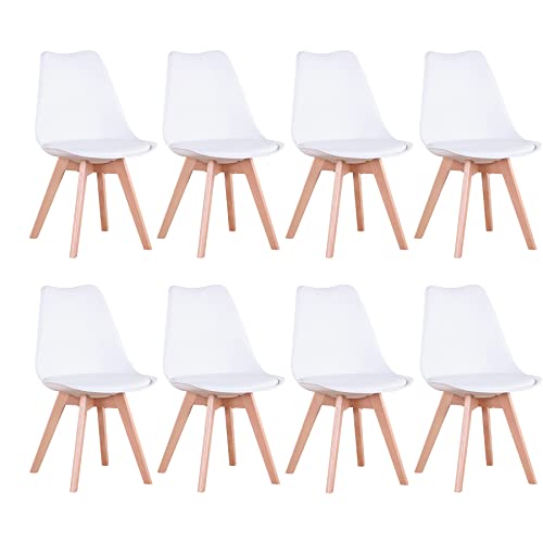 EGOONM 8er Set Esszimmerstühle, Skandinavisch, Retro-Design, Gepolstert, für Küche, Büro, mit Beinen aus Massivem Buchenholz (Weiß) von EGOONM