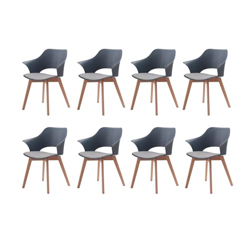 EGOONM 8er Set Moderne Kunststoff-Esszimmerstühle mit Massiven Holzbeinen und Stoffpolsterung, Gebogene Rückenlehne Esszimmerstühle mit Armlehne (Blau) von EGOONM