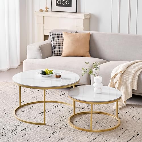 EGOONM Couchtisch Rund 2er Set, Satztische mit Keramik-Stein-Platte, Beistelltisch im Industriellen Stil für Wohnzimmer, Schlafzimmer, Balkon, Hof, 80 * 80 * 45cm+60 * 60 * 35cm (weiß/Gold) von EGOONM