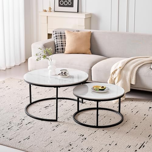 EGOONM Couchtisch Rund 2er Set, Satztische mit Keramik-Stein-Platte, Beistelltisch im Industriellen Stil für Wohnzimmer, Schlafzimmer, Balkon, Hof, 80 * 80 * 45cm+60 * 60 * 35cm (weiß/schwarz) von EGOONM