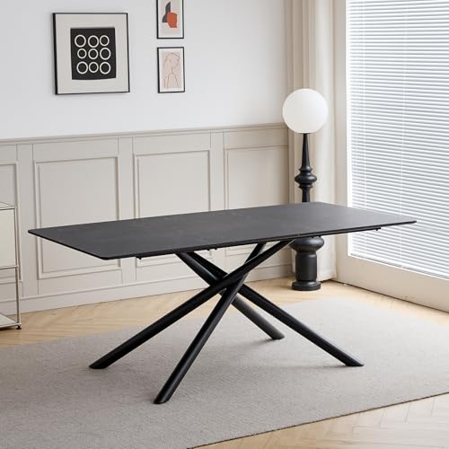 EGOONM Großer rechteckiger Esstisch für 6–8 Personen, Küchentisch mit Metallbeinen und Tischplatte mit Steinmuster, 180 x 90 x 76 cm (Schwarz) von EGOONM