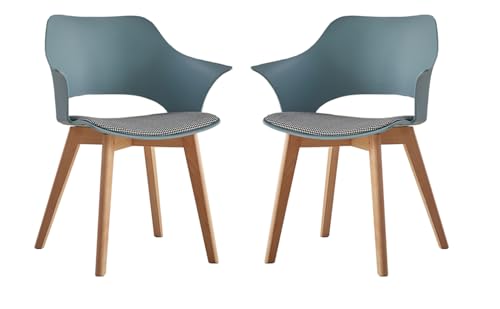 EGOONM Moderne Kunststoff-Esszimmerstühle mit Massiven Holzbeinen und Stoffpolsterung, Gebogene Rückenlehne Esszimmerstühle mit Armlehne (hellblau, 2er Set) von EGOONM