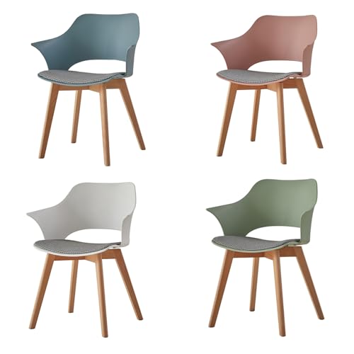 EGOONM 4er Set Moderne Kunststoff-Esszimmerstühle mit Massiven Holzbeinen und Stoffpolsterung,Gebogene Rückenlehne Esszimmerstühle mit Armlehne (Mischfarbe 02) von EGOONM
