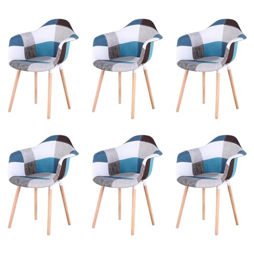 EGOONM 6er Set Patchwork Stuhl mit Armlehne,Leinenstoff Freizeit Wohnzimmer Esszimmerstuhl Empfangsstühle, Küchenstuhl (Blau) von EGOONM