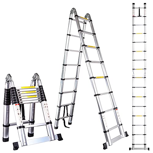 EGTink 5,0 m(2.5+2.5m) Teleskopleiter Aluminium, Tragbare Mehrzweckleiter mit Rutschfester Gummifüßen, Max Belastung 150 kg, EN131 von EGTink