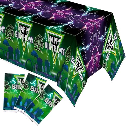 EGuangwiua 3er-Pack Grüne Und Lila Monster-Truck-Tischdecken - Monster-Truck-Geburtstagsparty Einweg-Rechteckige Tischdecke Für Babyparty, Kindergeburtstag, Dinner-Tischdekoration, 108×54 Zoll von EGuangwiua