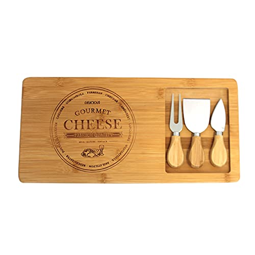 Käsebrett mit 2 Messern und einer Gabel aus Bambus und Edelstahl von Excellent Houseware